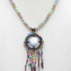 Boho Style Stone and Glass Feather Tassel Necklace